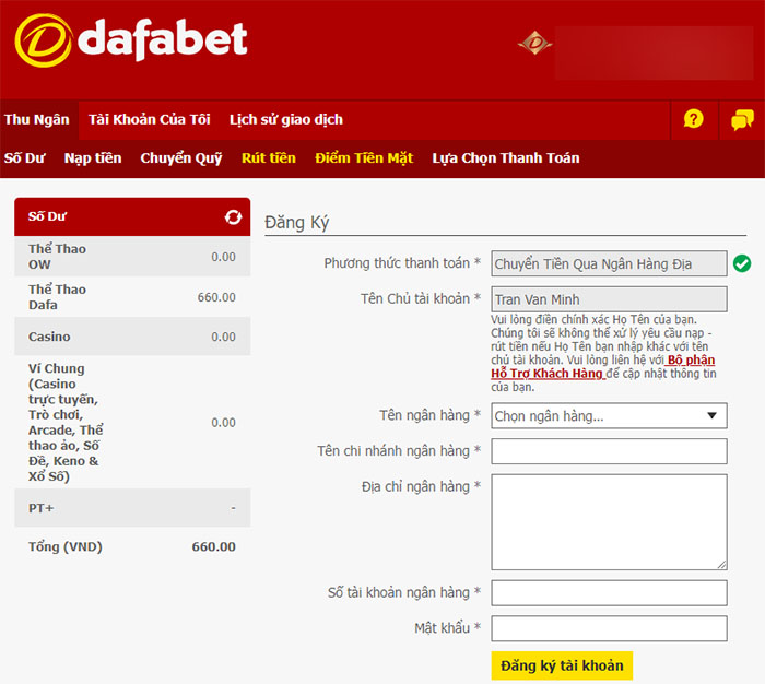 Rút tiền về tài khoản ngân hàng từ dafabet